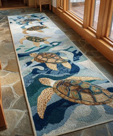 Journey Of The Turtle Runner Rug — Storybook Sea Turtle Hallway Runner, Durable Low-Profile Non-Slip Carpet For Entryway & Coastal Décor