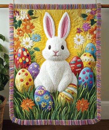 Playful Joyful Bunny Woven Couch Throw — Cute Easter & Kids Blanket, Soft Decorative Accent For Sofa, Nursery Or Gift Giving