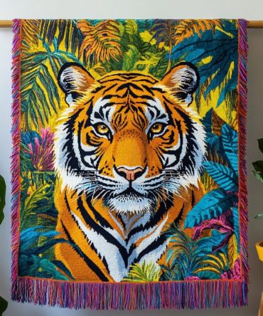 Jungle King Woven Throw Blanket — Royal Tiger & Jungle Motif Jacquard For Sofa, Bold Safari Decor, Plush Soft Accent