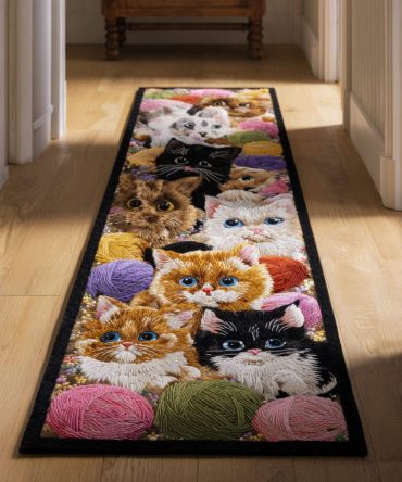 Cute Kitten & Yarn Runner Rug For Hallway – Soft Cartoon Cat Design, Non-Slip Durable Floor Runner Ideal For Kids Rooms & Entryways