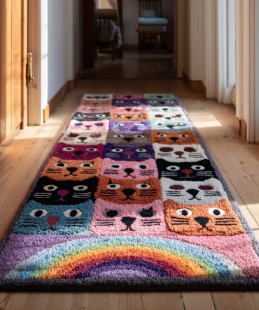 Kitty Cat Spectrum Runner Rug – Modern Geometric Cat Print Hallway Runner, Low-Profile Non-Slip Design For Stylish Everyday Use