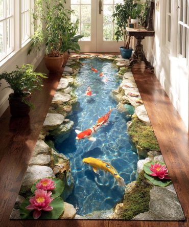 Koi Pond Serenity Runner Rug — Zen-Inspired Water Garden Hallway Runner, Stain-Resistant Low-Pile Accent Rug For Entry & Stairs