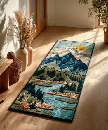 Layered Forest Scape Hallway Runner Rug - Modern Scenic Runner With Depthy Greens For Entryway & Halls