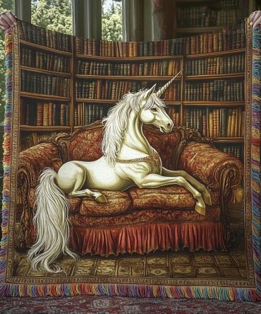 Library Unicorn Charming Woven Throw — Whimsical Sofa & Kids’ Blanket For Story Corners, Playrooms And Magical Home Accents
