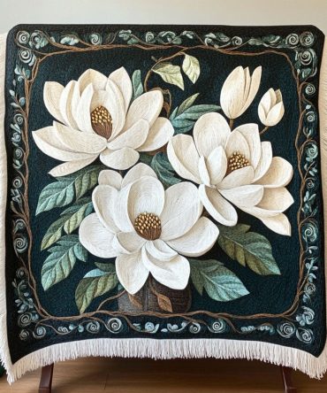 Magnolia Embrace Cozy Throw Blanket — Plush Woven Sofa Blanket With Magnolia Motif, Reversible Decorative Throw For Couch, Bed & Nooks