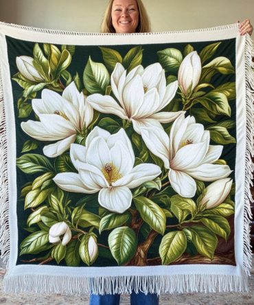 Magnolia Meadow Floral Throw Blanket — Lush Woven Sofa Blanket With Magnolia Motif, Soft Decorative Throw For Farmhouse, Cottage & Modern Living