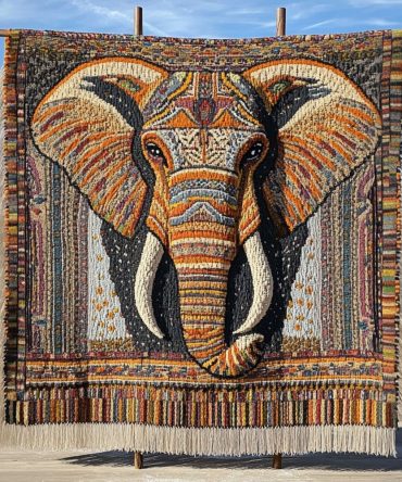 Majestic Tusk Woven Throw Blanket - Luxury Elephant Tapestry Sofa Blanket, Ornate Tribal Pattern, Cozy Living Room Accent