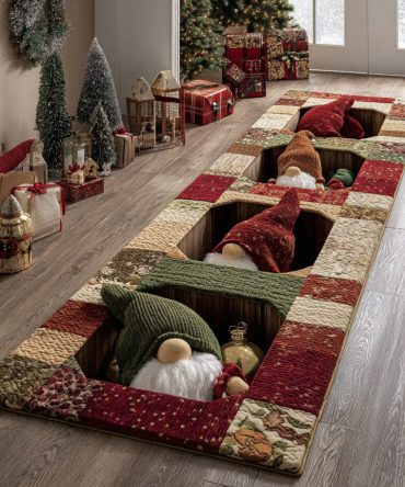 Merry Gnomes Christmas Runner Rug For Foyer & Hallway — Whimsical Gnome Holiday Scene, Durable Low-Pile, Fade-Resistant Print, Easy Seasonal Styling