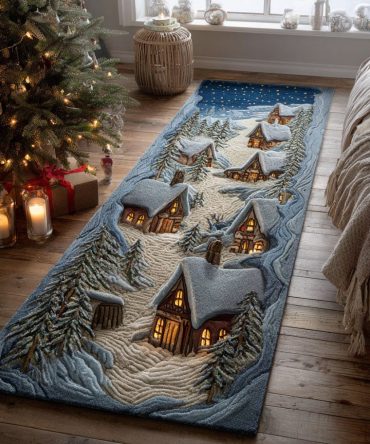 Midnight Snow Trail Runner Rug — Elegant Dark-Tone Holiday Hallway Accent, Easy-Care Washable Material With Anti-Slip Base