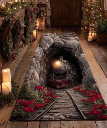 Midnight Tunnel Express Runner Rug - Dramatic Night Train Motif Non-Slip Hallway Runner, Low-Profile Durable Rug For Modern Homes