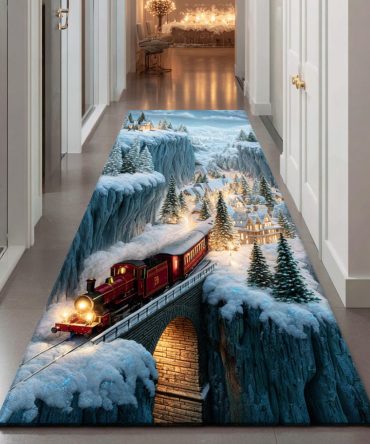 Midnight Winter Train Runner Rug — Dark-Hued Scenic Hallway Runner, Durable Low-Pile Accent For Entryway & Narrow Spaces