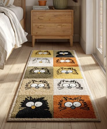 Moody Cat Squares Runner Rug — Modern Cat-Themed Hallway Carpet With Geometric Pattern, Low-Pile Rug For Contemporary Spaces