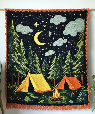 Moonlight Forest Camp Woven Throw Blanket - Nighttime Woodland Design, Soft Cozy Layer, Ideal For Outdoor Evenings & Home Ambiance