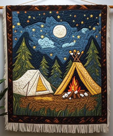 Moonlit Campfire Nights Woven Throw Blanket - Cozy Campfire Illustration, Lightweight & Warm, Great For Camping, Rvs & Living Rooms