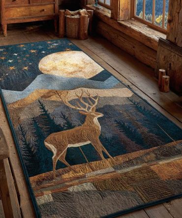 Moonlit Deer Corridor Runner Rug — Elegant Moonlight Deer Design In Deep Blues, Low-Pile Hallway Runner With Secure Backing