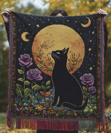 Moonlit Mischief Night Throw — Celestial Woven Sofa Blanket With Cat Motif, Soft Lightweight Jacquard Throw For Cozy Evenings & Stylish Home Accent
