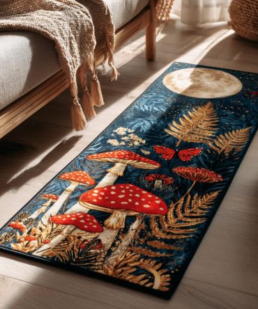 Moonlit Mushroom Runner Rug — Midnight Forest Hallway Accent Rug, Low-Pile Non-Slip Designer Runner For Modern & Rustic Homes