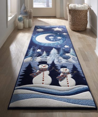Moonlit Snowman Winter Runner Rug — Nighttime Snowman Scene Hallway Carpet, Fade-Resistant Colors, Non-Skid Backing & Easy Care
