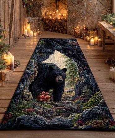 Mossy Bear Runner Rug — Rustic Bear Motif Hallway Runner, Cozy Low-Pile Carpet For Cabins, Entryways & Stairs
