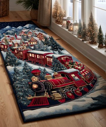 Mountain Christmas Train Runner Rug — Scenic Alpine Holiday Hallway Carpet, Thick Pile, Non-Slip Backing, Cozy Décor