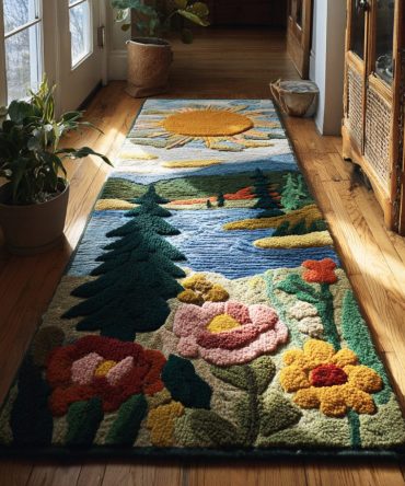 Mountain Forest Sun Runner Rug - Scenic Woodland Hallway Runner With Warm Sunrise Tones For Cozy Interiors