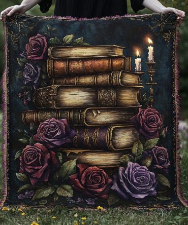 Mystic Book Garden Woven Throw — Enchanted Botanical & Book-Themed Sofa Blanket, Cozy Cottagecore Couch Accent For Reading Corners