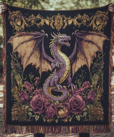 Mystic Dragon Lair Woven Throw - Cozy Decorative Sofa Blanket With Intricate Dragon Scene, Ideal Fantasy Gift & Decor