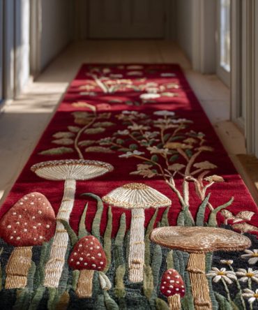 Mystic Mushroom Hallway Runner Rug — Enchanted Forest Accent Runner, Durable Low-Pile Decorative Rug For Stairs & Entryways