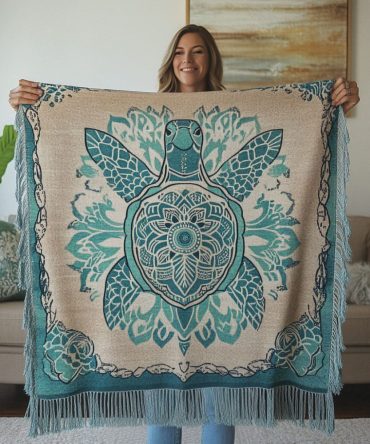 Mystic Turtle Handwoven Throw — Unique Nautical Sofa Blanket With Intricate Turtle Motif, Soft Cotton-Blend Accent For Cozy Coastal Homes