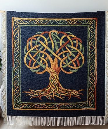 Mystical Knotted Tree Woven Throw — Intricate Knotwork Tree Design Sofa Blanket, Boho Mystic Accent For Cozy Living Rooms & Bedrooms