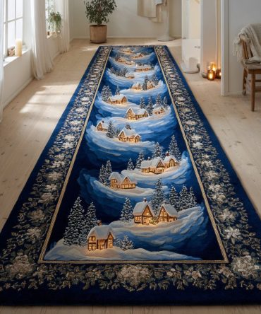 Navy Christmas Village Runner Rug - Deep Navy Holiday Runner With Festive Village Print , Durable, Low-Shed, Perfect For Entryways