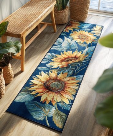 Navy Sunflower Floral Runner Rug — Elegant Scroll Pattern Hallway & Entryway Carpet, Fade-Resistant Low-Pile Runner