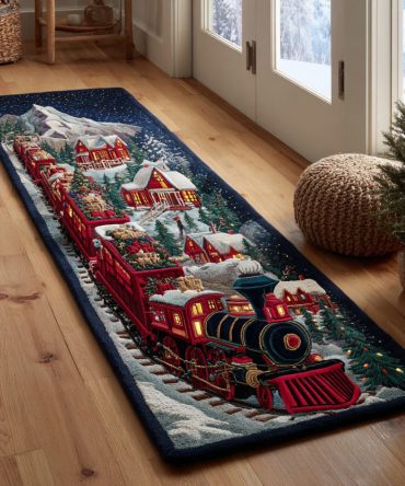 Night Christmas Train Runner Rug — Festive Vintage Toy Train Hallway Carpet With Rich Color, Durable Low-Pile & Non-Slip Backing