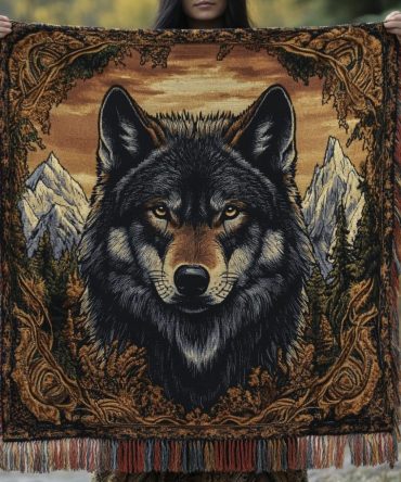Nightfall Howl Woven Throw — Moonlit Wolf Motif Sofa Blanket, Dark Boho Couch Accent For Cozy Living Rooms & Campsites