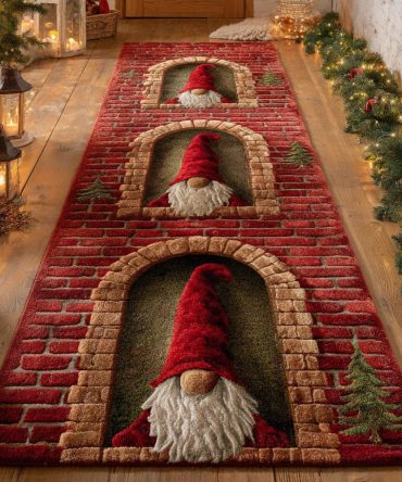 Nordic Gnomes Holiday Runner Rug — Stylish Christmas Hallway Runner With Scandinavian Gnome Motifs, Non-Slip, Low-Pile, Machine-Washable