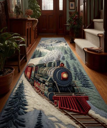 North Pole Express Christmas Runner Rug — Vintage Train Holiday Hallway Carpet, Durable Low-Pile, Non-Slip & Machine-Wash Friendly