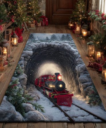 Northern Night Express Aurora Runner Rug For Hallway — Dramatic Train & Aurora Motif, Low-Pile Durable Construction, Fade-Resistant For Stunning Entryway Impact