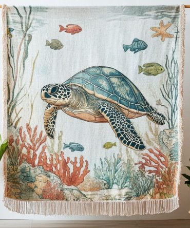 Coastal Turtle Woven Throw Blanket For Sofa - Nautical Ocean Turtle Design, Soft Breathable Woven Blanket, Oversized Cozy Home Decor