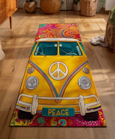 Peace Drive Boho Runner Rug — Vibrant Peace-Sign Hallway Runner, Low-Pile Non-Slip Accent Rug Ideal For Entryways