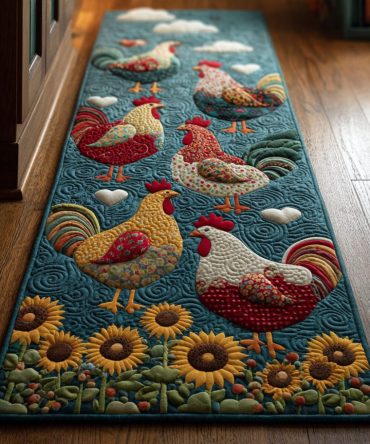 Peppy Poultry Playful Runner Rug - Fun Farmhouse Runner For Hallway & Kitchen With Whimsical Bird Motif, Easy-Clean Durable Surface