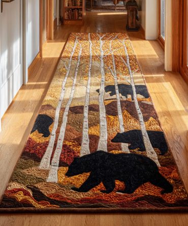 Pine Bear Trail Runner Rug — Rustic Woodland Hallway Carpet With Cute Bear Motif, Durable Low-Pile & Non-Slip Backing