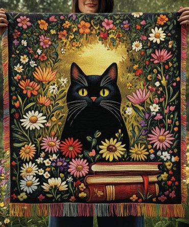 Purrfectly Mysterious Cat Throw — Elegant Woven Sofa Blanket, Black Cat Jacquard Decorative Throw For Couch, Bed & Stylish Cozy Layering