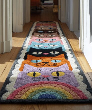 Rainbow Cat Cascade Runner Rug – Vibrant Multicolor Cat Design, Fade-Resistant Non-Slip Hallway Runner For Modern Playful Interiors