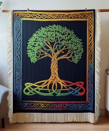 Rainbow Celtic Tree Woven Throw — Colorful Celtic Knot Tree Tapestry Blanket For Sofa, Bohemian Accent Throw To Brighten Home Décor
