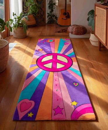Rainbow Peace Colorful Runner Rug — Bohemian Multicolor Hallway Runner, Fade-Resistant Low-Pile With Anti-Skid Backing