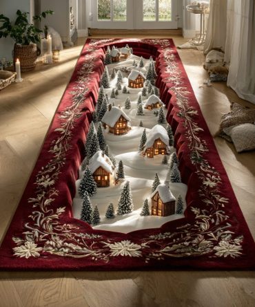 Red Cliff Holiday Runner Rug - Festive Christmas Village Scene For Hallway & Stairs , Plush, Stain-Resistant, Seasonal Decor Runner