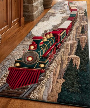 Rolling Journey Train Runner Rug - Scenic Locomotive Hallway Carpet, Soft Durable Runner With Non-Slip Backing For Home & Kids