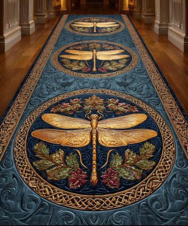 Royal Dragonfly Hallway Runner Rug — Elegant Insect Motif Runner For Entryway, Low-Pile Durable Rug With Secure Backing
