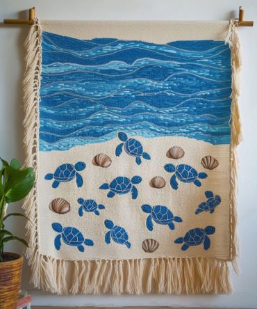 Sandy Shore Turtles Woven Throw — Serene Beach Turtle Tapestry Blanket, Neutral Coastal Sofa Throw To Complement Coastal & Nautical Styles