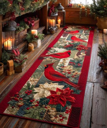 Scarlet Winter Song Runner Rug - Festive Cardinal-Themed Non-Slip Hallway Runner, Plush Washable Area Rug For Holidays